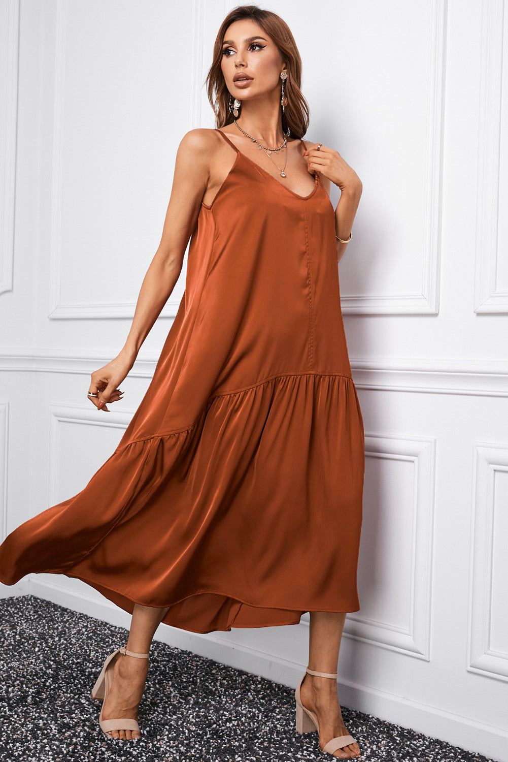 Brown Spaghetti Strap Ruffled Satin Maxi Dress
