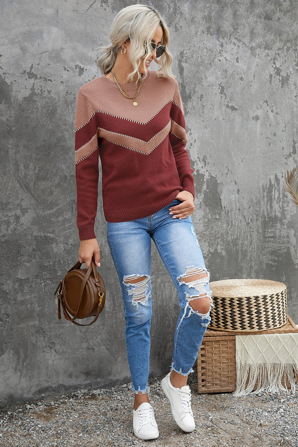Brown Chevron Colorblock Crew Neck Sweater
