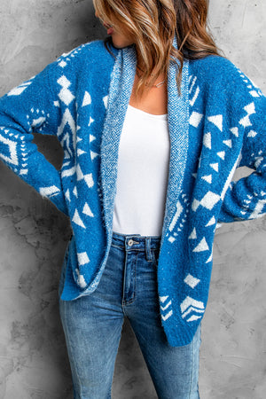 Blue  Aztec print Open Front Knitted Sweater