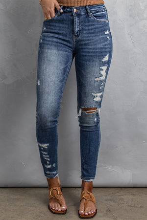 Blue Wash Distressed Skinny High Waist Jeans