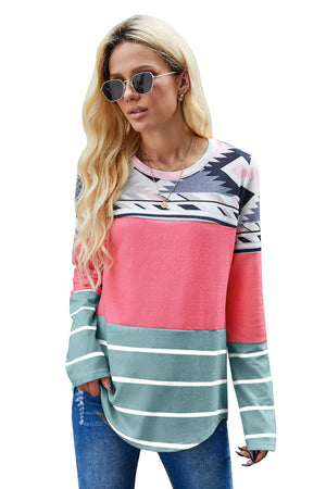 Pink Tribal Striped Long Sleeve T-shirt