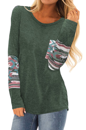 Green Aztec Patchwotk Long Sleeve Top