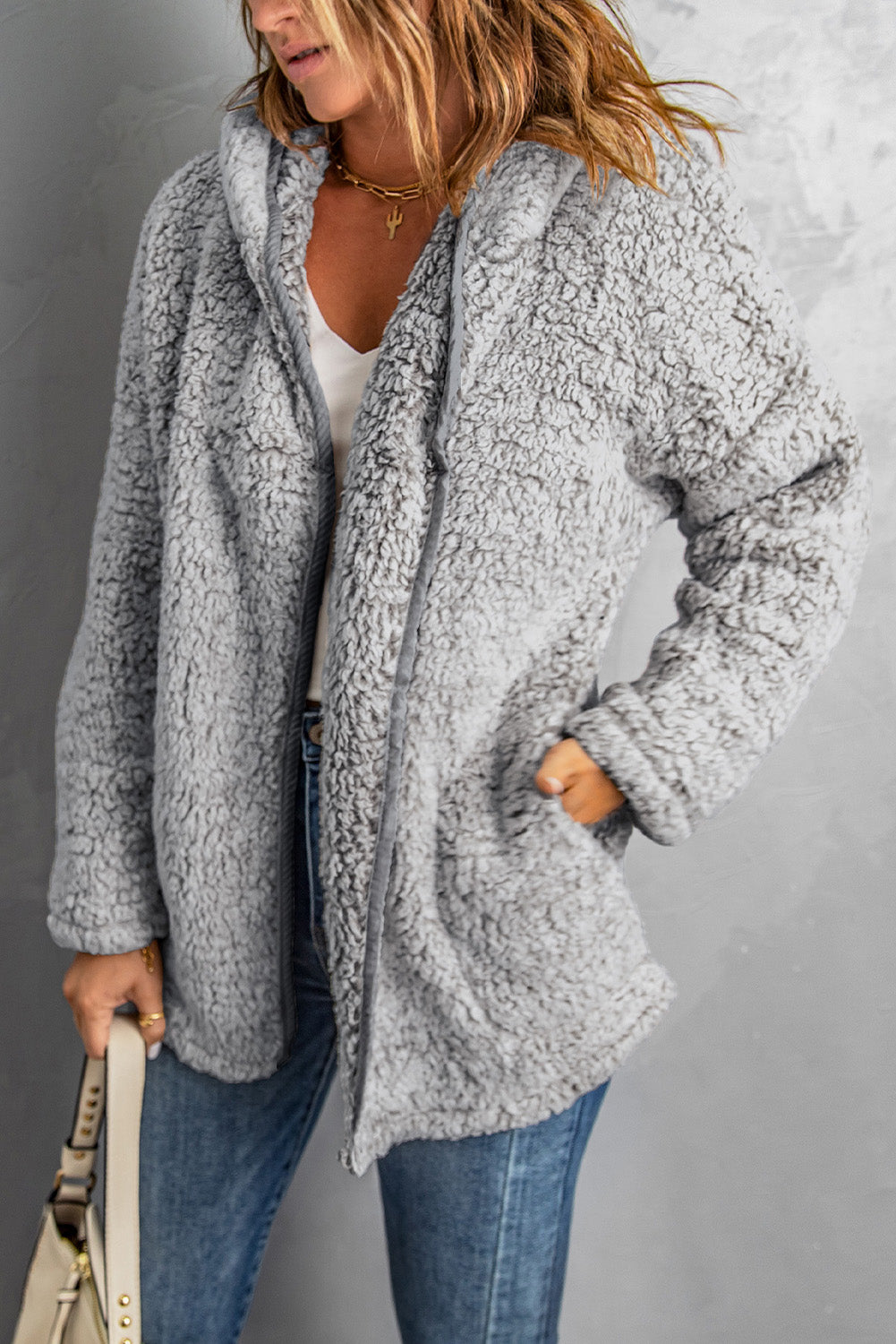 Gray Open Front Long Sleeve Hooded Sherpa Coat