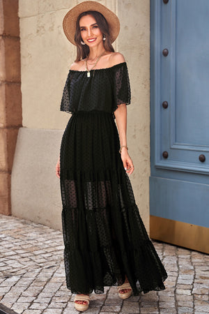 Black Off Shoulder Ruffle Swiss Dot Maxi Dress