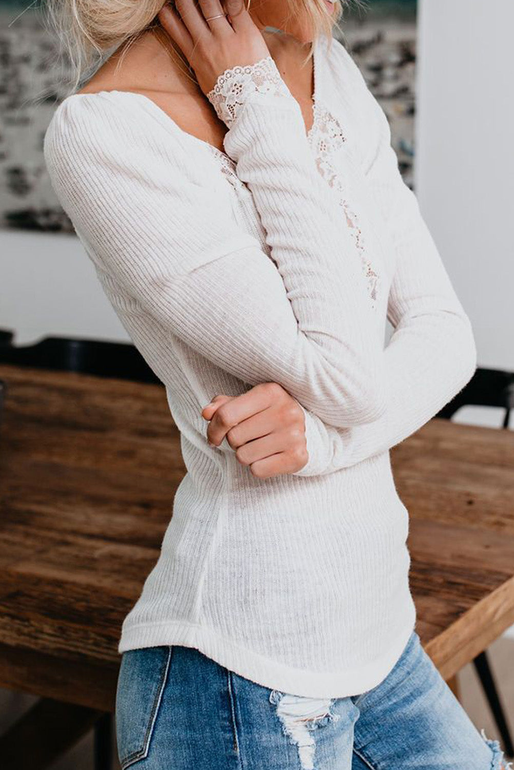 White Lace Patchwork Ribbed Long Sleeve Top