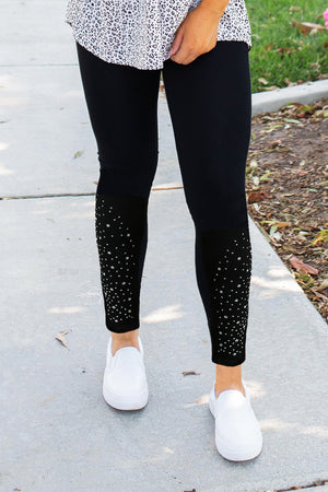 Rhinestones Lace Décor Black Leggings