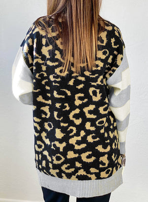 Leopard Print Cardigan with Striped Sleeve