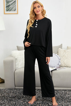 Black Long Sleeve Buttoned Wide Leg Lounge Wear