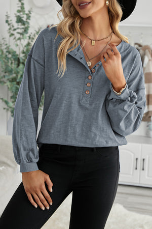 Gray Solid Color Buttoned Front Long Sleeve Top