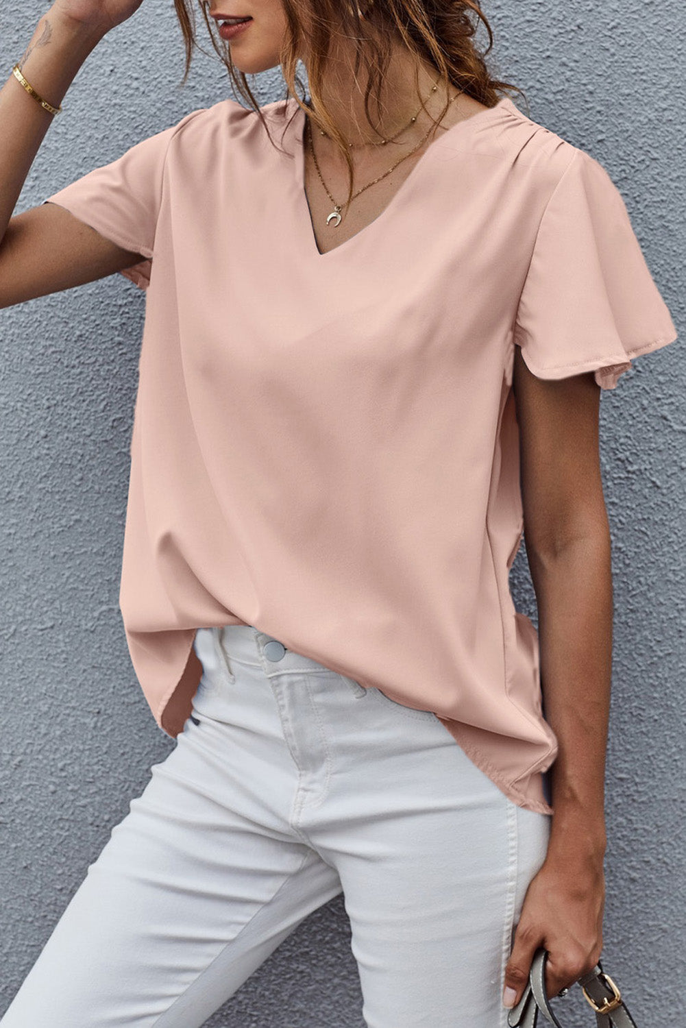 Pink V Neck Short Sleeve Tee