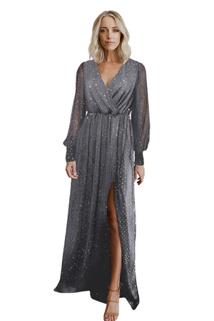Gray Side Split Rhinestone V Neck Maxi Dress