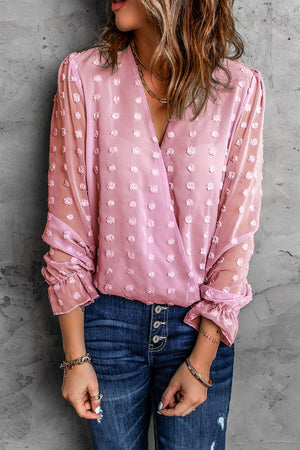 Pink Polka Dot Print Deep V Neck Blouse