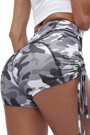 Gray Camo Print High Waist Side Ruched Fitness Yoga Shorts