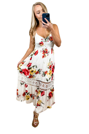 Spaghetti Straps Lace Insert Floral Maxi Dress