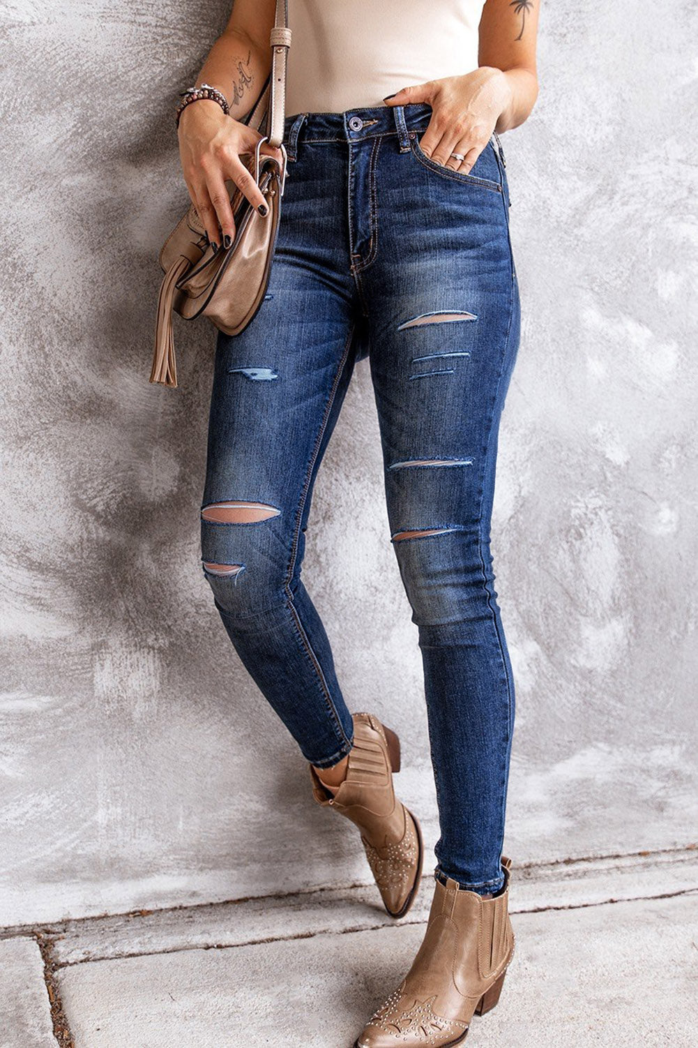 Blue Ripped High Rise Ankle Length Skinny Jeans