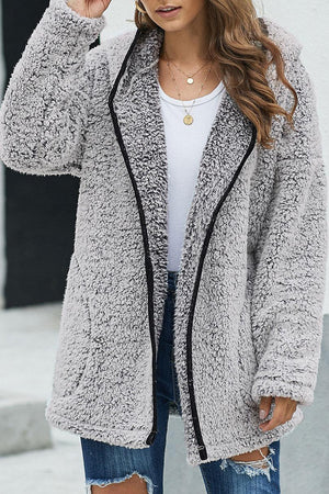 Dark Gray Open Front Long Sleeve Hooded Sherpa Coat