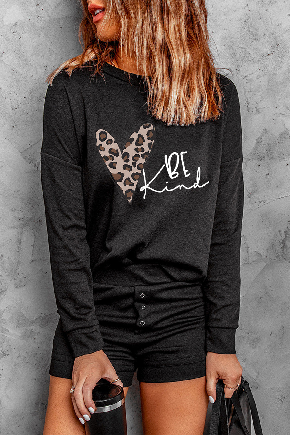 Be Kind Leopard Heart Print Long Sleeve Top and Shorts Loungewear