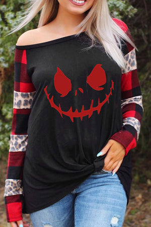 Plaid Leopard Sleeve Halloween Ghost Print Top