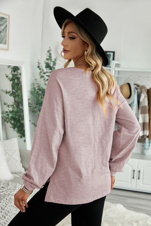 Pink Solid Color Buttoned Front Long Sleeve Top