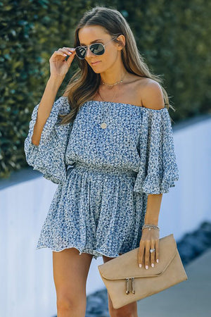 Blue Off Shoulder Bell Sleeves Floral Romper