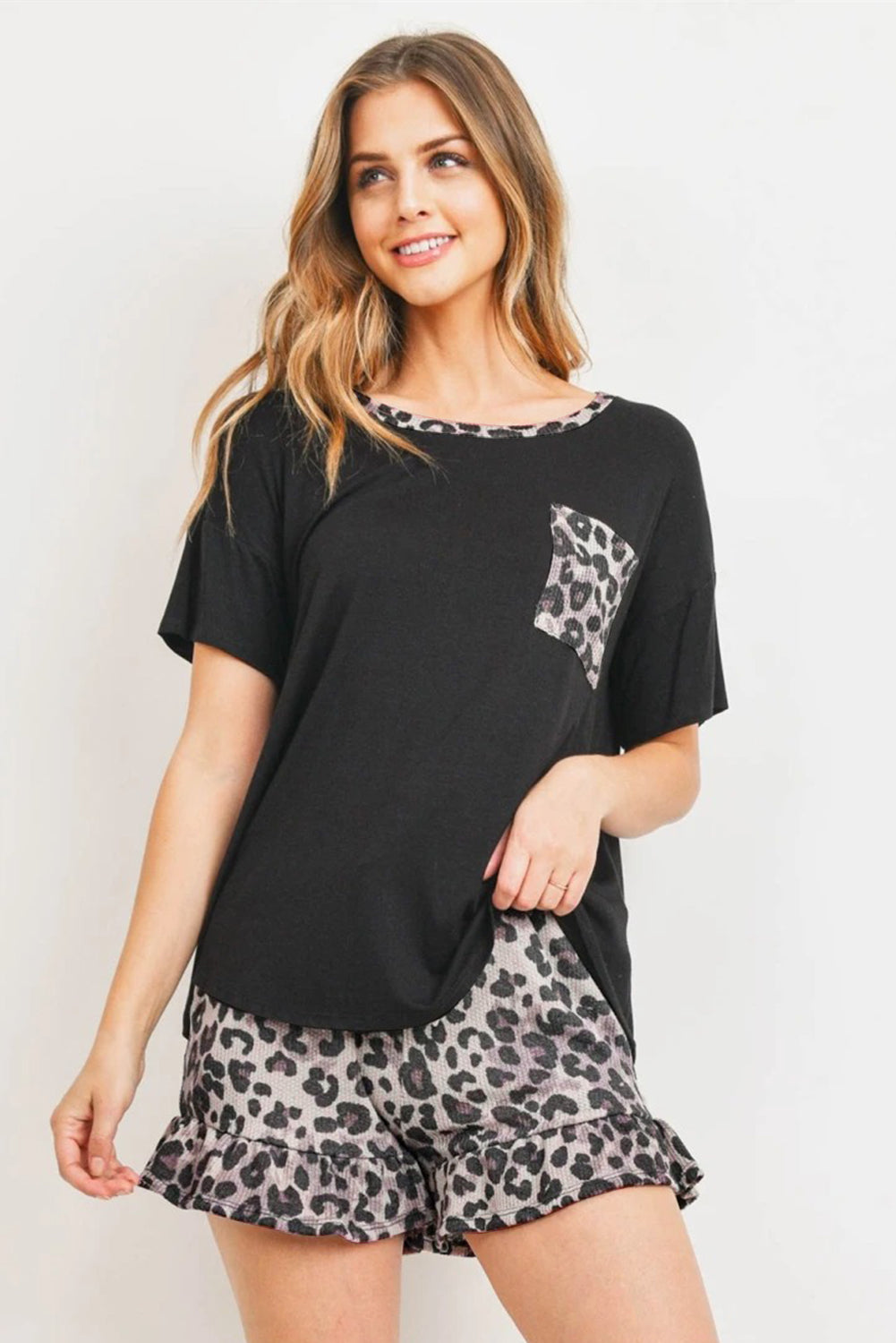 Black Top Leopard Pocket and Short Lounge Set