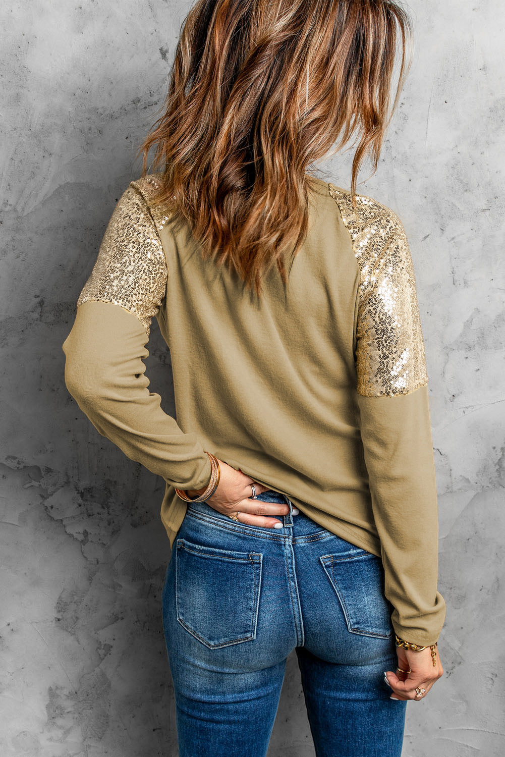 Apricot Leopard Christmas Tree Print Sequin Patchwork Pullover Shirt