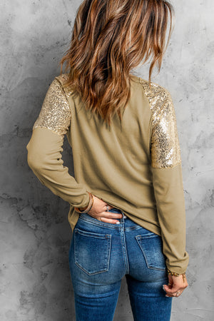 Apricot Leopard Christmas Tree Print Sequin Patchwork Pullover Shirt