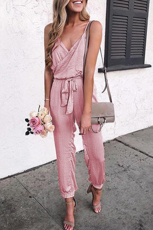 Pink Solid Spaghetti Straps V Neck Wrap Jumpsuit
