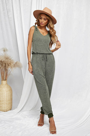 Green V Neck Tied Drawstring Sleeveless Jumpsuit
