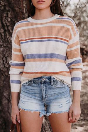 White Knitted Crew Neck Striped Color Block Sweater
