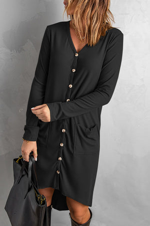 Black Selected Button Pocketed High Low Cardigan