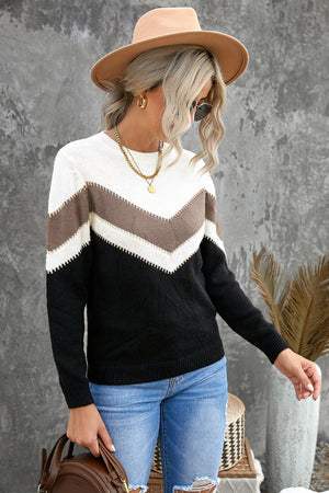 Black Chevron Colorblock Crew Neck Sweater