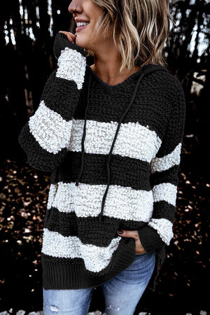 Black Color Block Side Slit Knitted Hooded Sweater