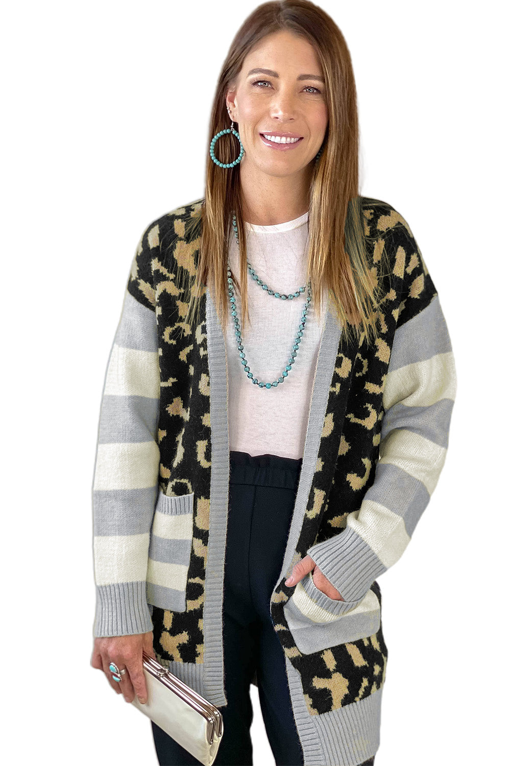 Leopard Print Cardigan with Striped Sleeve