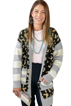 Leopard Print Cardigan with Striped Sleeve