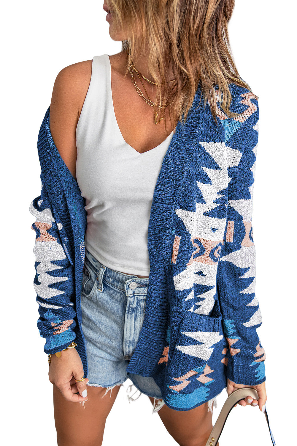 Blue Moraga Pocketed Aztec Cardigan