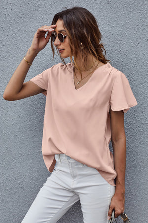 Pink V Neck Short Sleeve Tee