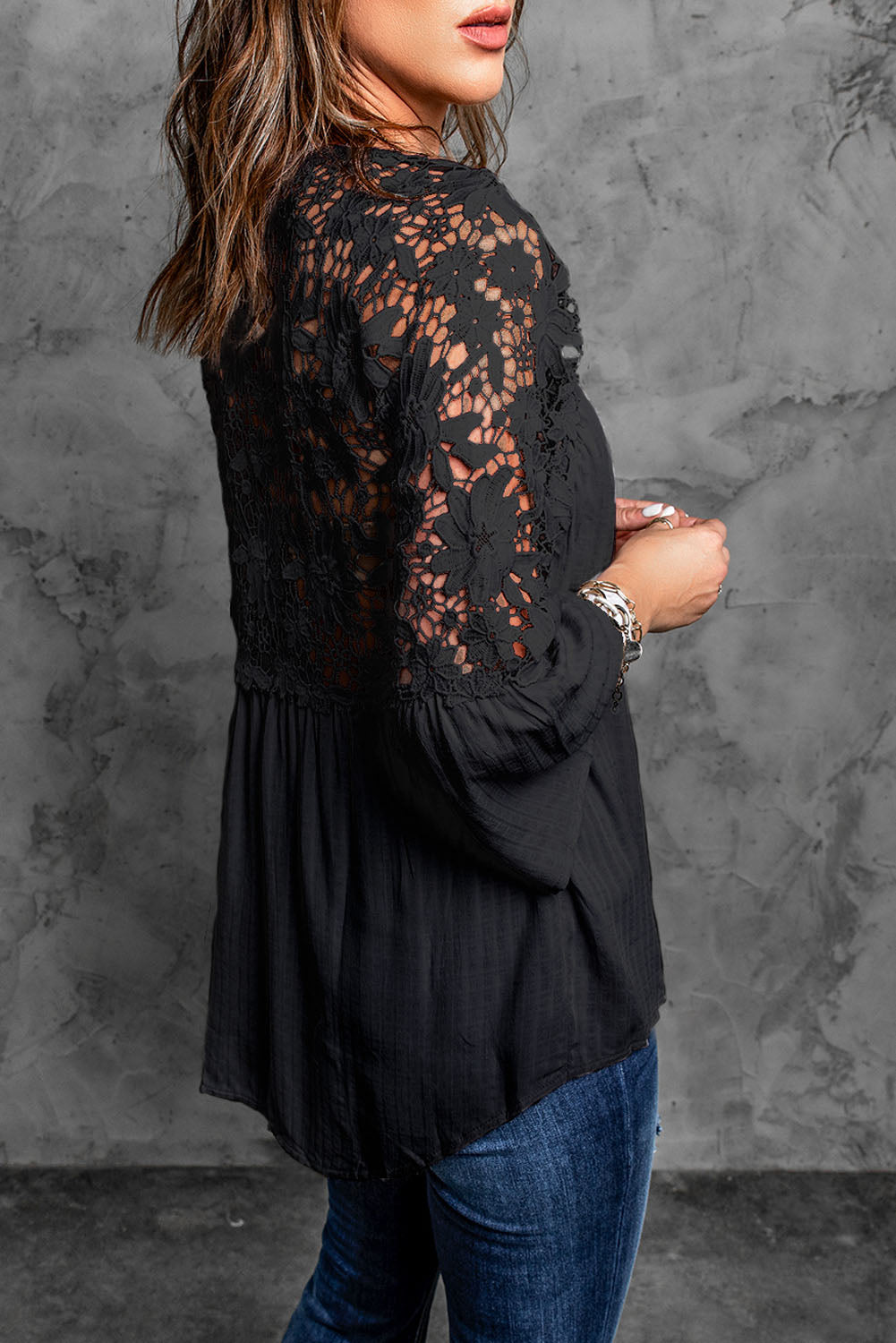 Black Crochet Lace Button Top