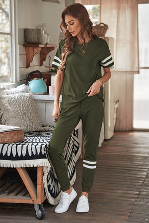 Army Green Striped Accent Short Sleeve and Joggers Set