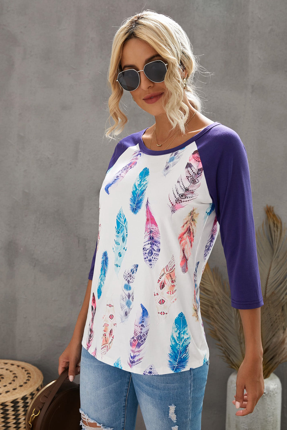 Purple Feather Print three quarter Sleeve Top