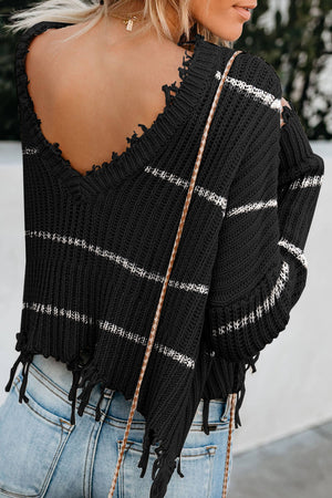 Black Distressed V Neck Raw Hemline Striped Cropped Sweater