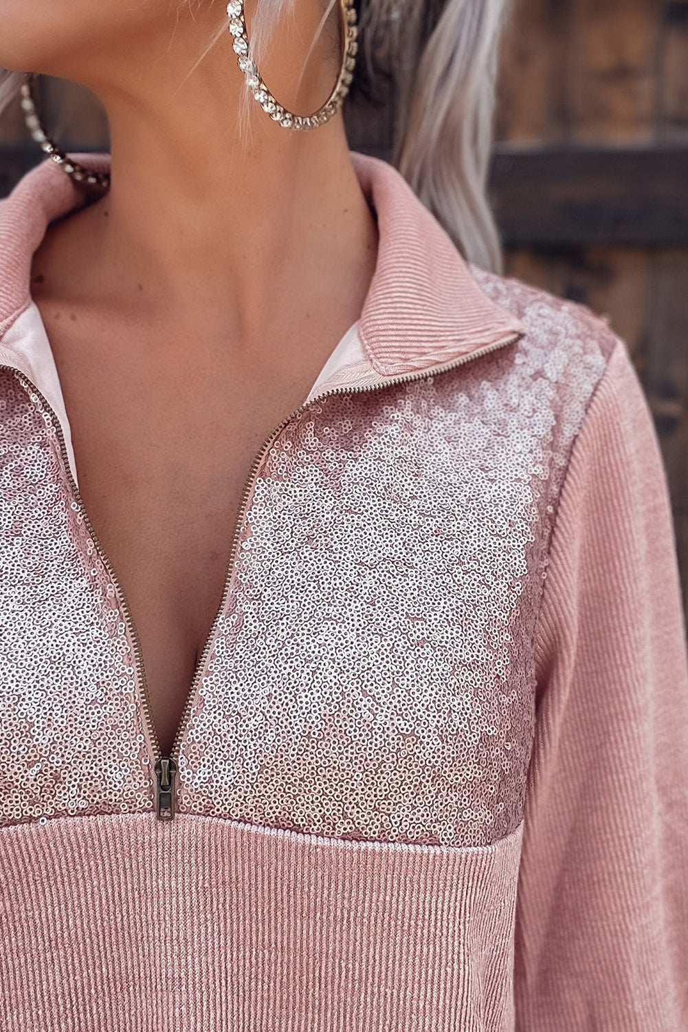 Pink Half Zip Sequin Patchwork Ribbed Pullover Sweatshirt