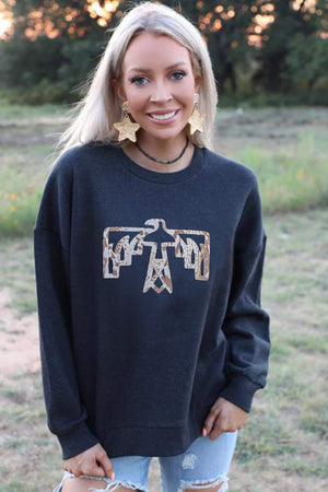 Bird Shape Print O Neck Drop Shoulder Sweatshirt