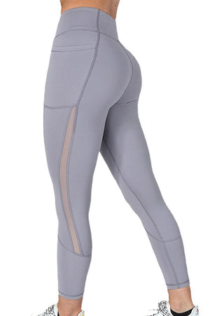 Gray Mesh Side Splicing High Waist Yoga Sports Leggings with Phone Pocket