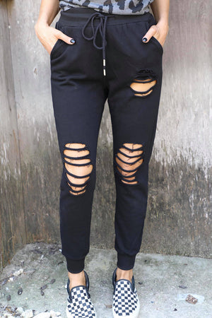 Elastic Waist Drawstring Distressed Pants