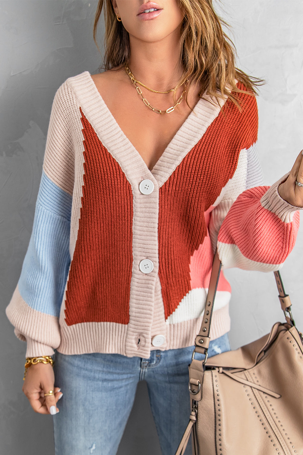 Khaki Color Block Buttons Drop-Shoulder Sleeve Cardigan
