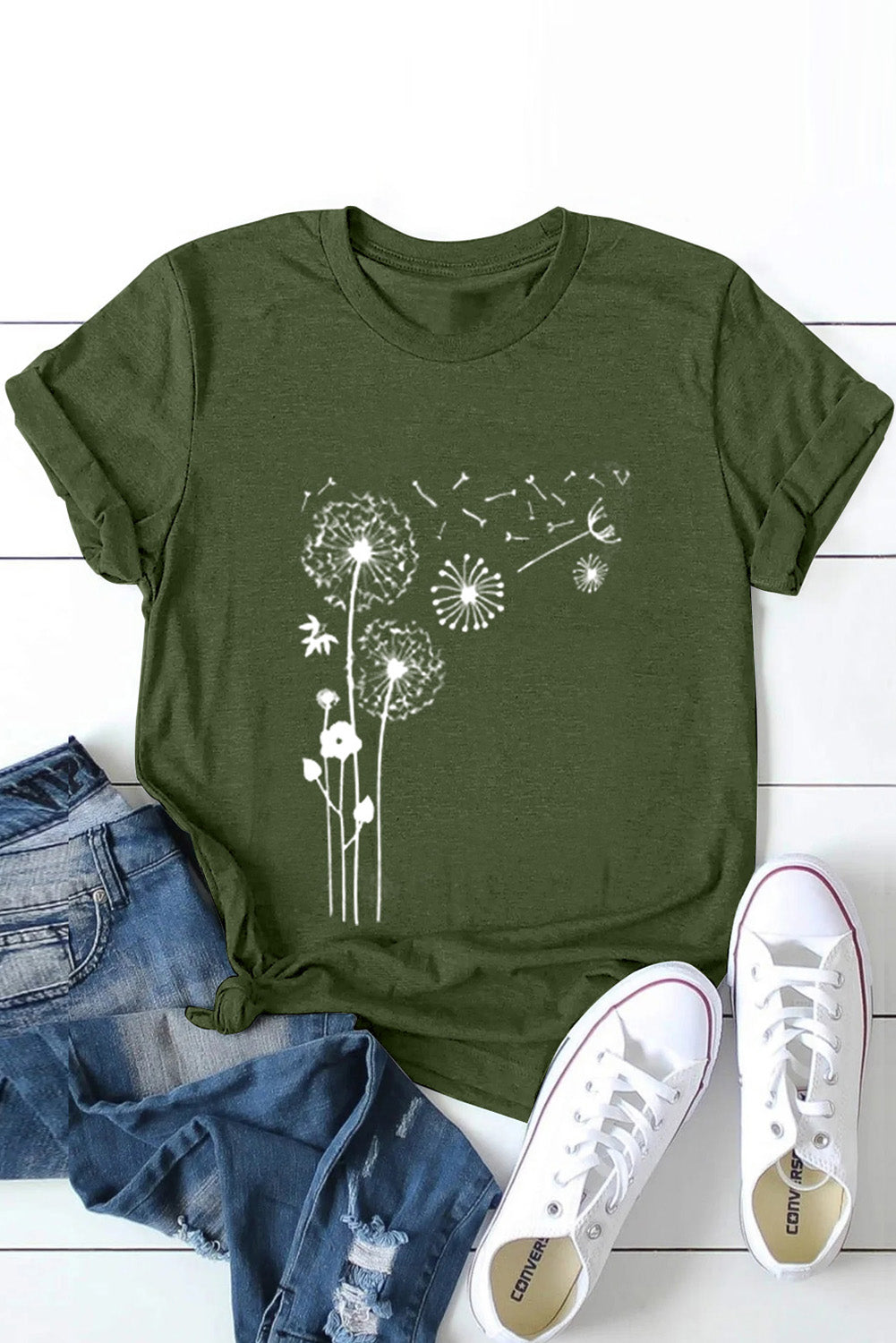 Green Crew Neck Dandelion Print T-shirt