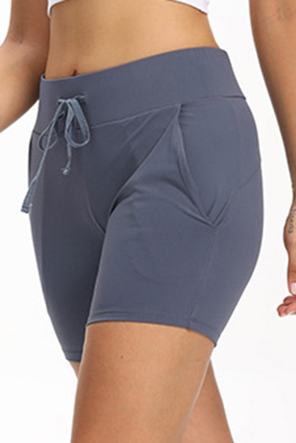 Sky Blue Tie Waist Pocket Slim-fit Yoga Shorts