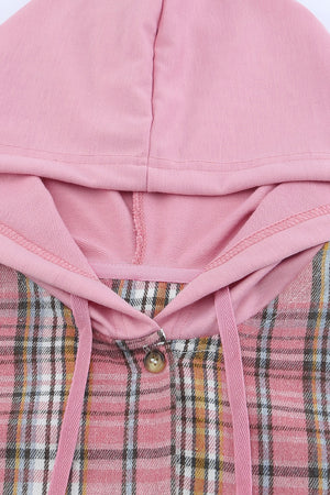 Pink Drawstring Plaid Hooded Shirt Coat