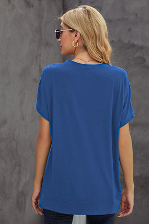 Blue Round Neck Short Sleeve Solid Color Tee